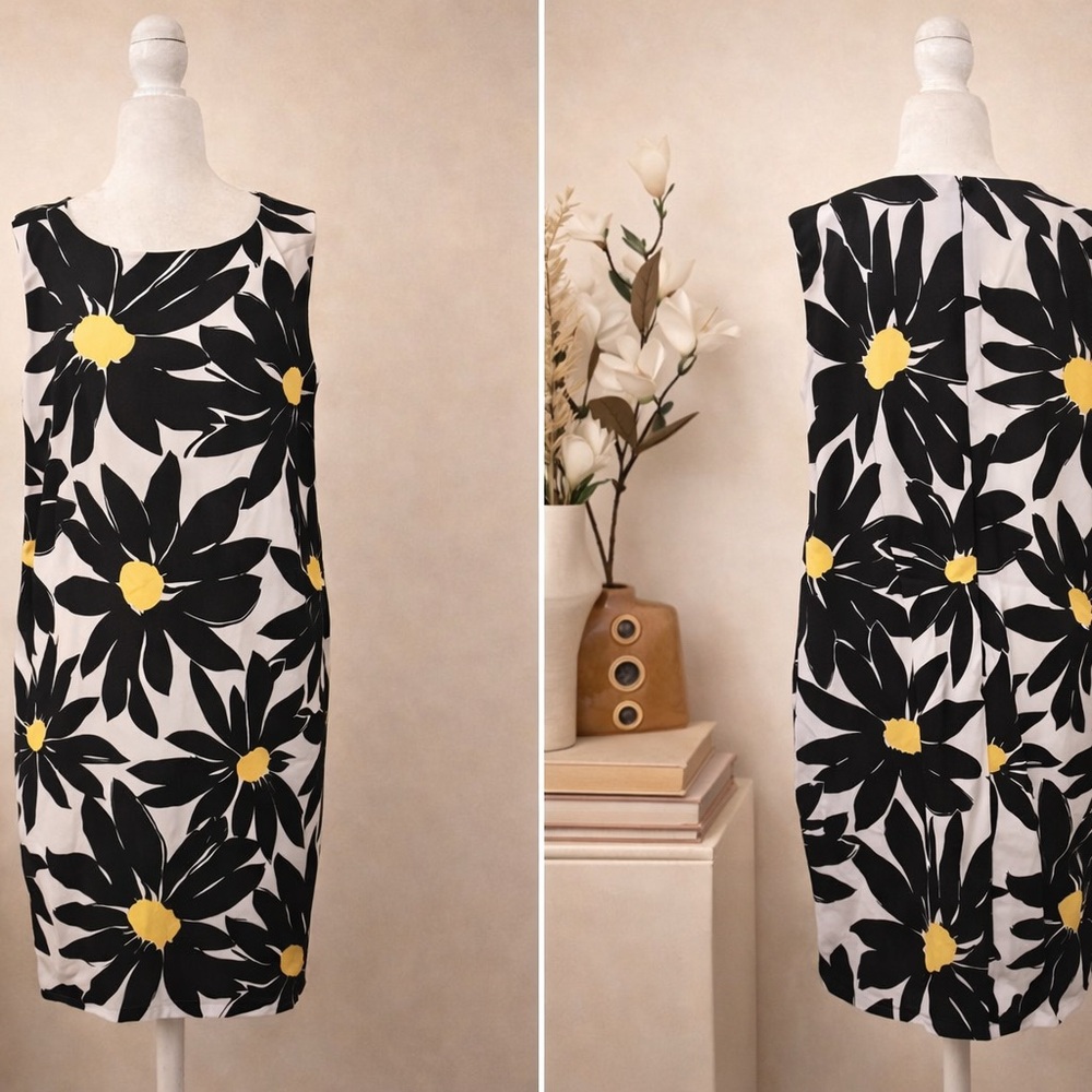 Ronnie Nicole Sleeveless Black & Yellow Daisy Print Dress – Size 1X